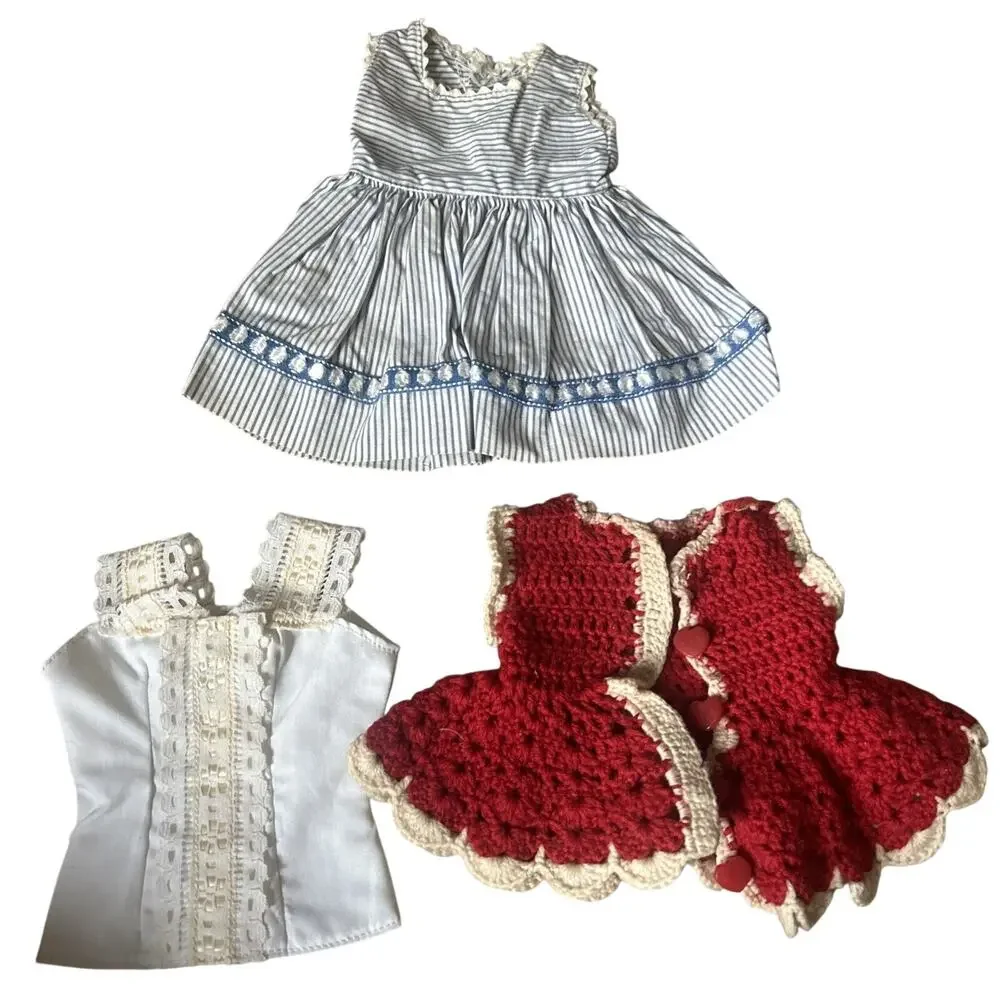 Vintage Doll Dress Tops Lot 3 Handmade Blue Red Hearts Crocheted